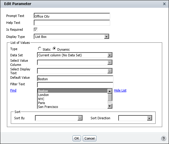 How to create a static filter parameter with a list of values