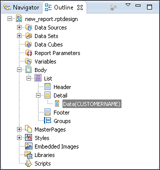 Figure 22-3 The Outline window, showing the level of a report item
