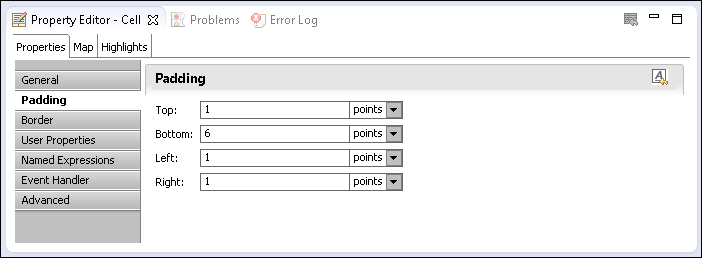 Figure 7-25 Property Editor showing padding values for selected cells