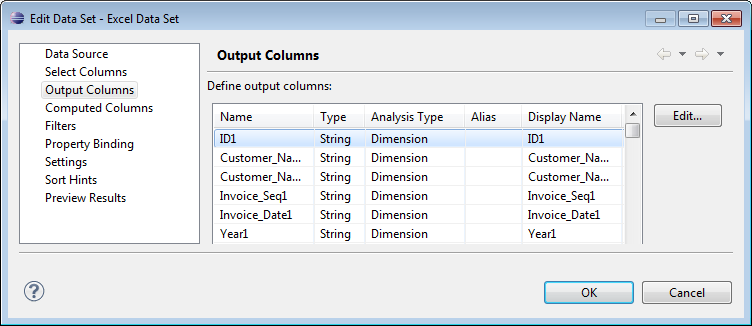 Figure 2-10 Viewing output columns for an Excel data set